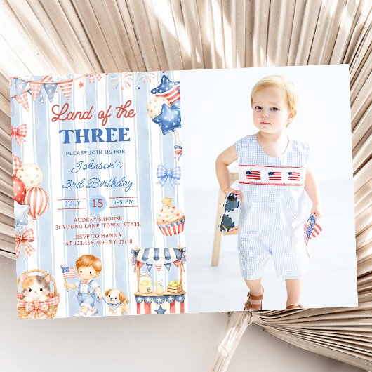 アメリカ縞模様 男の子 3歳の誕生日招待状 招待状