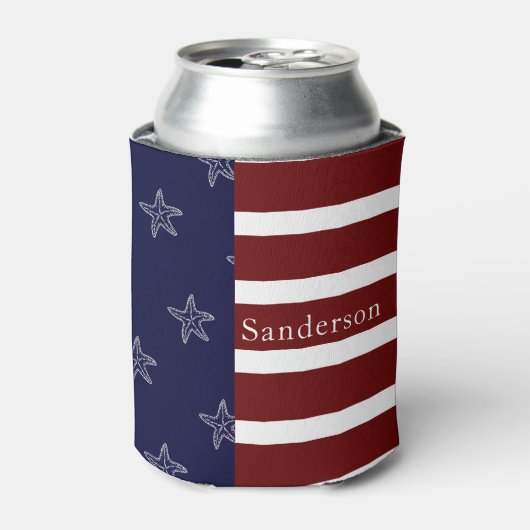 アメリカ航海の国旗の赤白青ヒトデ： 缶クーラー (缶正面)