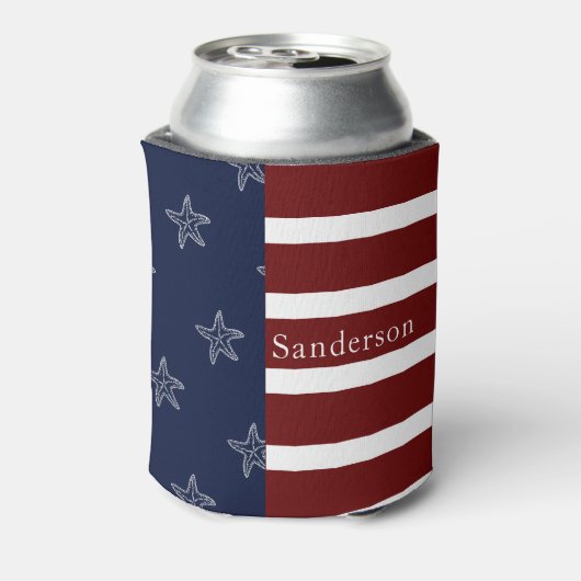 アメリカ航海の国旗の赤白青ヒトデ： 缶クーラー (缶裏面)