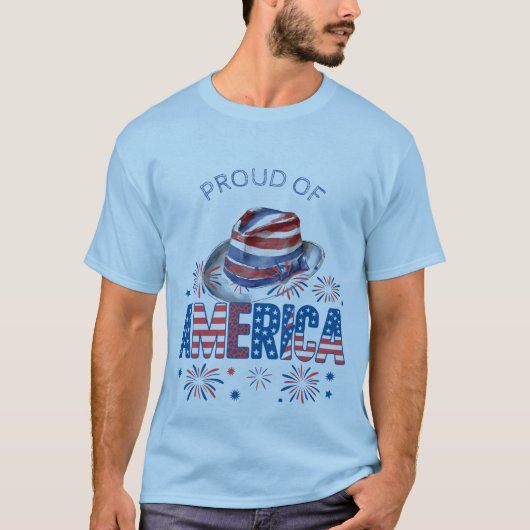 アメリカ誇りを持ったスターズストライプハットと爆竹 Tシャツ (正面)