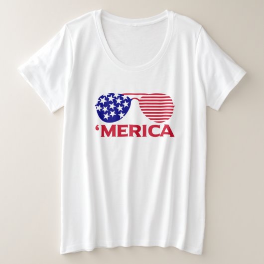 アメリカ赤白青サングラス プラスサイズTシャツ (デザイン正面)