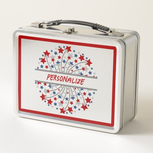 アメリカ赤白青パーソナライズされた花火 メタルランチボックス (正面)