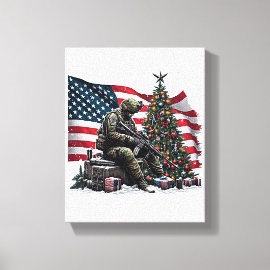 アメリカ軍人アメリカ国旗クリスマスツリーアート キャンバスプリント (正面)
