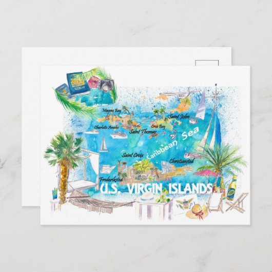 アメリカ領バージン諸島 イラスト旅行地図 ポストカード (正面/裏面)