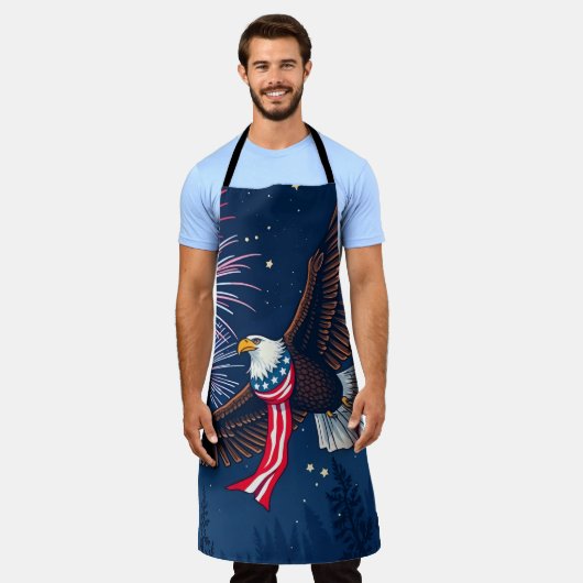 アメリカ飛んでいる国旗のスカーフと花火を持つハゲのワシ エプロン (着用した状態)