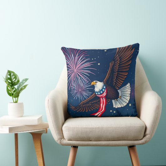 アメリカ飛んでいる国旗のスカーフと花火を持つハゲのワシ クッション (椅子)