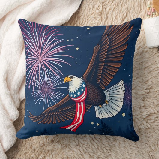 アメリカ飛んでいる国旗のスカーフと花火を持つハゲのワシ クッション (ブランケット)