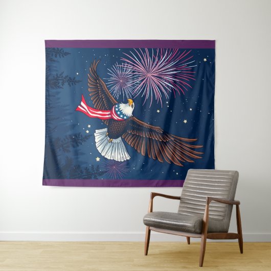 アメリカ飛んでいる国旗のスカーフと花火を持つハゲのワシ タペストリー (インサイチュ(横))