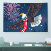 アメリカ飛んでいる国旗のスカーフと花火を持つハゲのワシ 横断幕 (トレードショー)