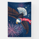 アメリカ飛んでいる国旗のスカーフと花火を持つハゲのワシ 横断幕 (縦)
