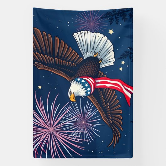 アメリカ飛んでいる国旗のスカーフと花火を持つハゲのワシ 横断幕 (縦)