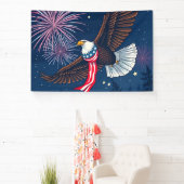 アメリカ飛んでいる国旗のスカーフと花火を持つハゲのワシ 横断幕 (インサイチュ)