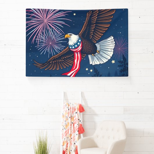 アメリカ飛んでいる国旗のスカーフと花火を持つハゲのワシ 横断幕 (インサイチュ)