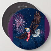 アメリカ飛んでいる国旗のスカーフと花火を持つハゲのワシ 缶バッジ (正面&裏面)