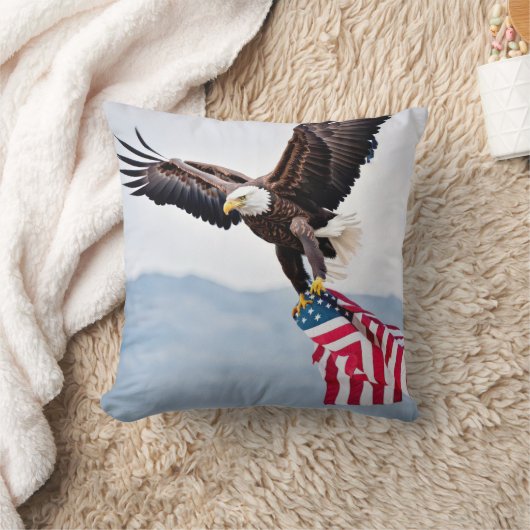 アメリカ飛んでいる国旗を掲げたハゲのワシ クッション (ブランケット)