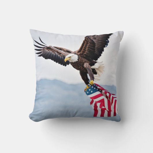 アメリカ飛んでいる国旗を掲げたハゲのワシ クッション (正面)