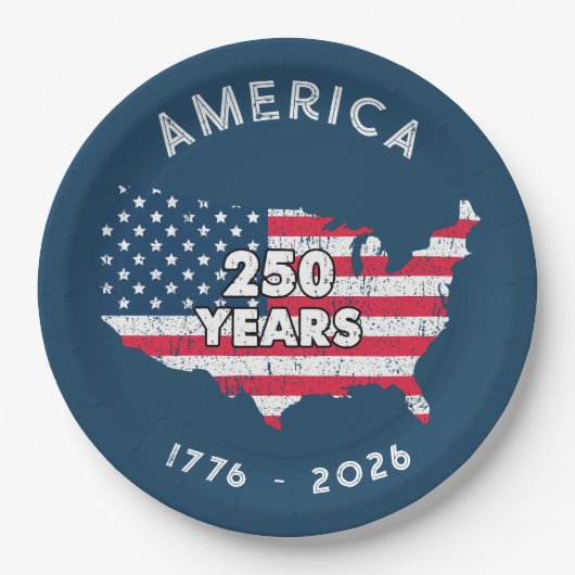 アメリカ250周年 1776-2026 アメリカ地図 国旗 愛国 ペーパープレート (正面)