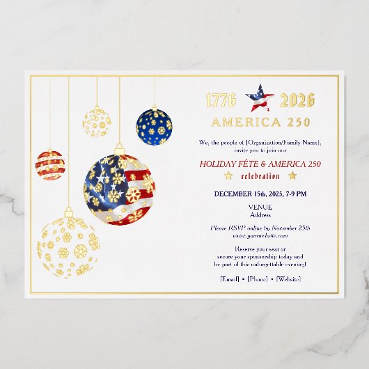 アメリカ250愛国的なホリデーフェテアニバーサリーレッド 箔招待状 (正面)