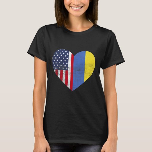 アメリカ・ウクライナの二重国籍 アメリカとウクライナのハート Tシャツ (正面)
