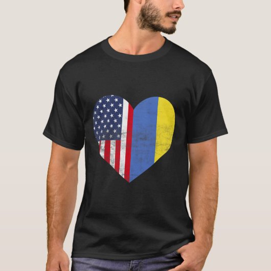 アメリカ・ウクライナの二重国籍 ハート アメリカ ウクライナ Tシャツ (正面)