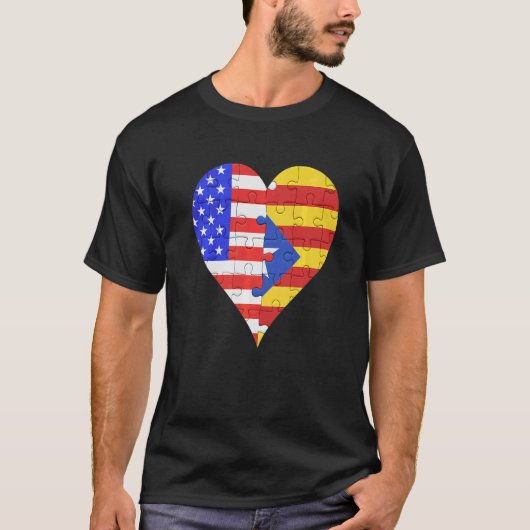 アメリカ カタルーニャ州の旗 ハート Tシャツ (正面)