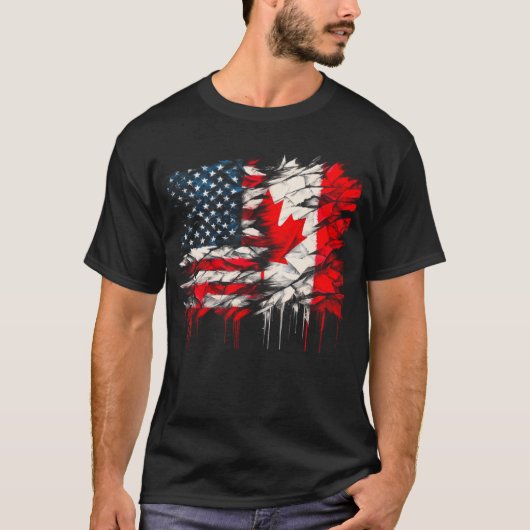 アメリカ・カナダはハーフ・アメリカン・ハーフ・カナダ国旗 Tシャツ (正面)