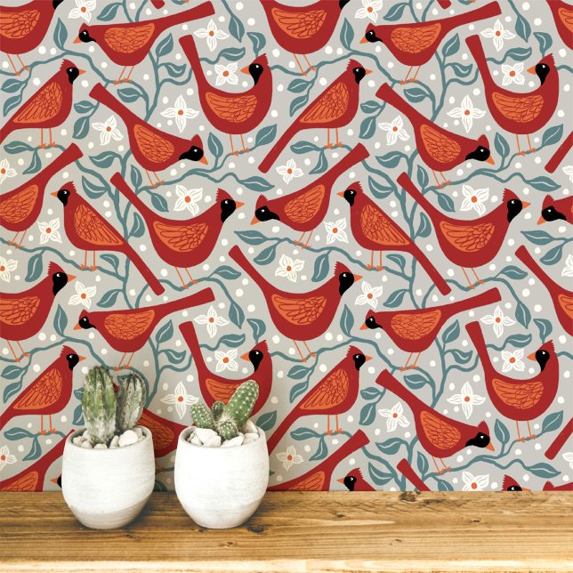 アメリカ・シャクナゲの花とカーディナル鳥のブロックプリント 壁紙 (Northern red cardinal American dogwood bird flower block print arts and crafts style wallpaper)