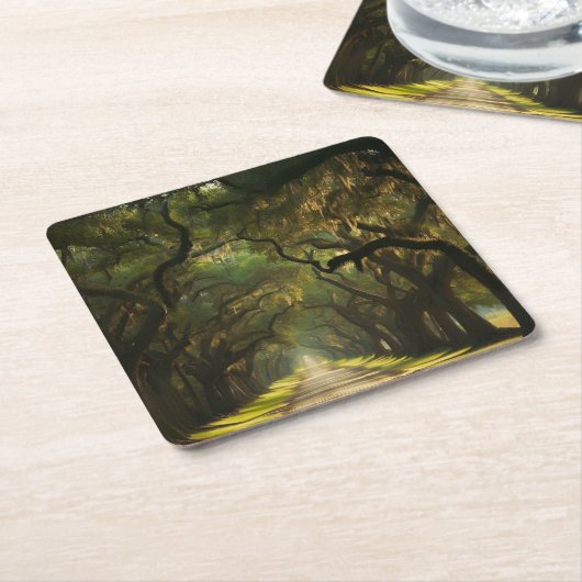 アメリカ、ジョージア、サバンナ、オーク並木ドライブ スクエアペーパーコースター (アングル)