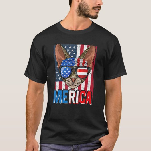 アメリカ デボンレックス 猫 7月4日 アメリカ国旗 1 Tシャツ (正面)