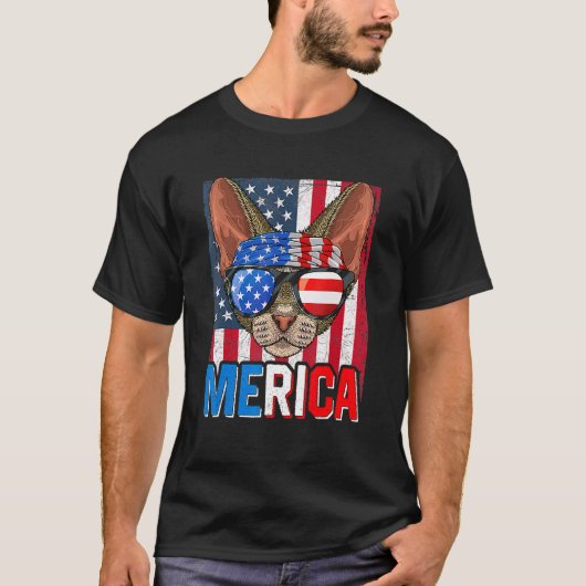 アメリカ デボンレックス 猫 7月4日 アメリカ国旗 Tシャツ (正面)