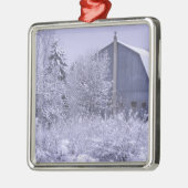 アメリカ、ミシガン、ロチェスターヒルズ。スノーブルー メタルオーナメント (左)