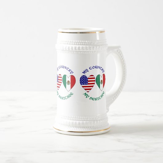 アメリカ メキシコ国旗 ハート 私の国 私の誇り ビールジョッキ (正面右)