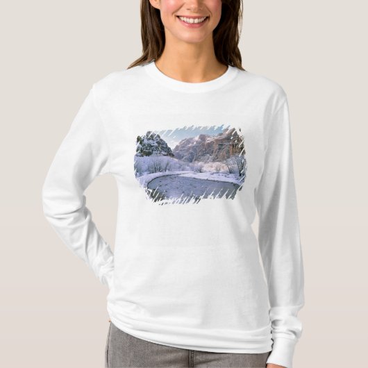 アメリカ, ユタ州, ジオン国立公園。新しい雪が渓谷を覆う Tシャツ (正面)