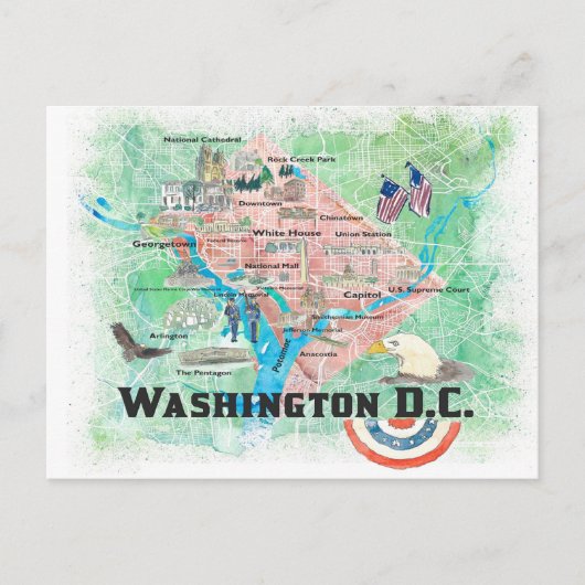 アメリカ ワシントンDC イラスト地図 主要道路付き ポストカード (正面)
