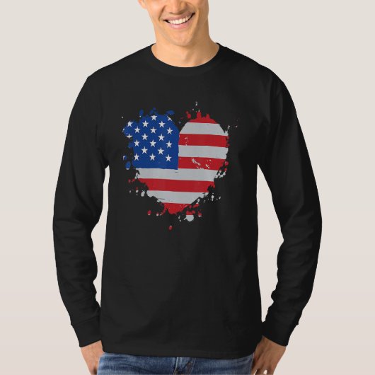 アメリカ 愛 国旗 USA ハート 7月4日 アメリカン P Tシャツ (正面)