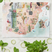 アメリカ |水彩図解入りの、写真付きのUSAの地図 キッチンタオル (折り畳み)