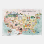 アメリカ |水彩図解入りの、写真付きのUSAの地図 キッチンタオル (横)