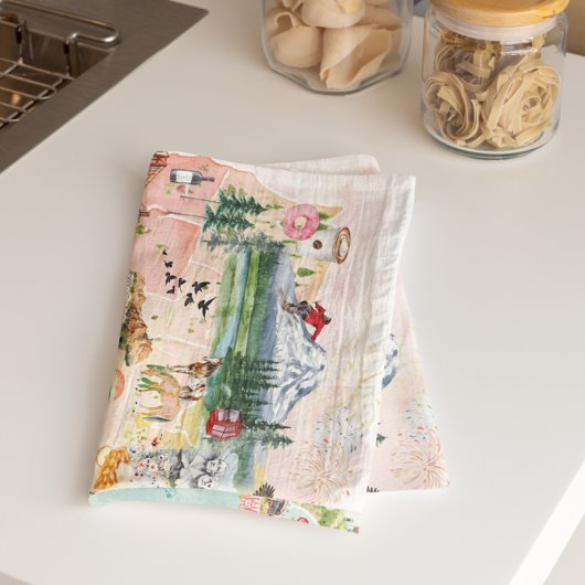 アメリカ |水彩図解入りの、写真付きのUSAの地図 キッチンタオル