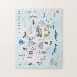 アメリカ |水彩図解入りの、写真付きのUSAの地図 ジグソーパズル