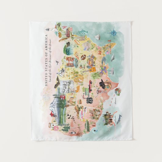アメリカ |水彩図解入りの、写真付きのUSAの地図 タペストリー (正面)