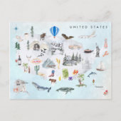 アメリカ |水彩図解入りの、写真付きのUSAの地図 ポストカード (正面)