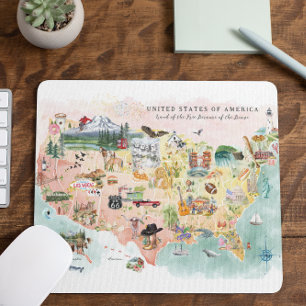 アメリカ  水彩図解入りの、写真付きのUSAの地図 マウスパッド