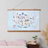 アメリカ |水彩図解入りの、写真付きのUSAの地図 吊り下げ型タペストリー (寝室)