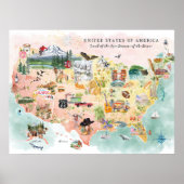 アメリカ｜水彩画風イラスト アメリカ地図 ポスター (正面)