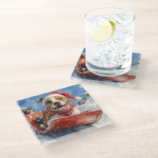 アメリカ（犬）スタッフォードインスレッジクリスマス ガラスコースター (アングル)