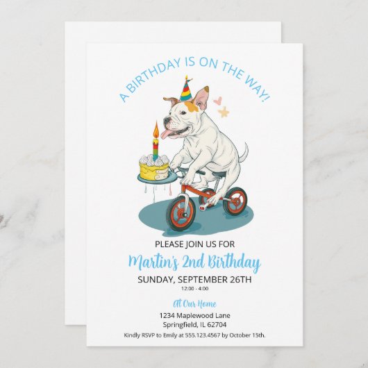 アメリカ（犬）スタッフォードオンバイクケーキ誕生日パーティー 招待状 (正面/裏面)