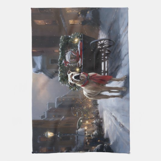 アメリカ(犬)スタッフォードクリスマスフェスティバルシーズン キッチンタオル (縦)