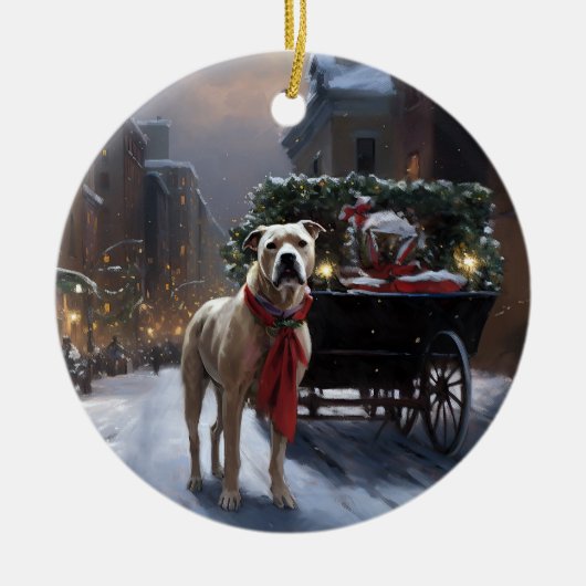 アメリカ（犬）スタッフォードクリスマスフェスティバルシーズン セラミックオーナメント (正面)