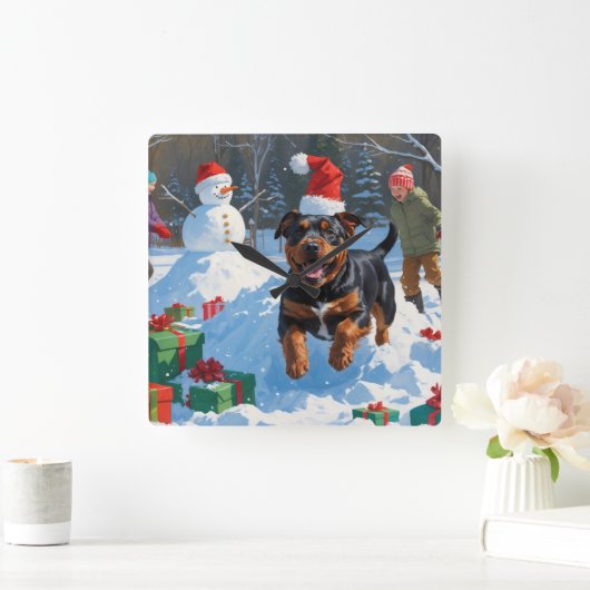 アメリカ（犬）スタッフォードクリスマスフェスティバルスノー スクエア壁時計 (ホーム)