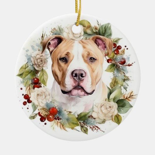 アメリカ（犬）スタッフォードクリスマスリースフェスティバル セラミックオーナメント (正面)